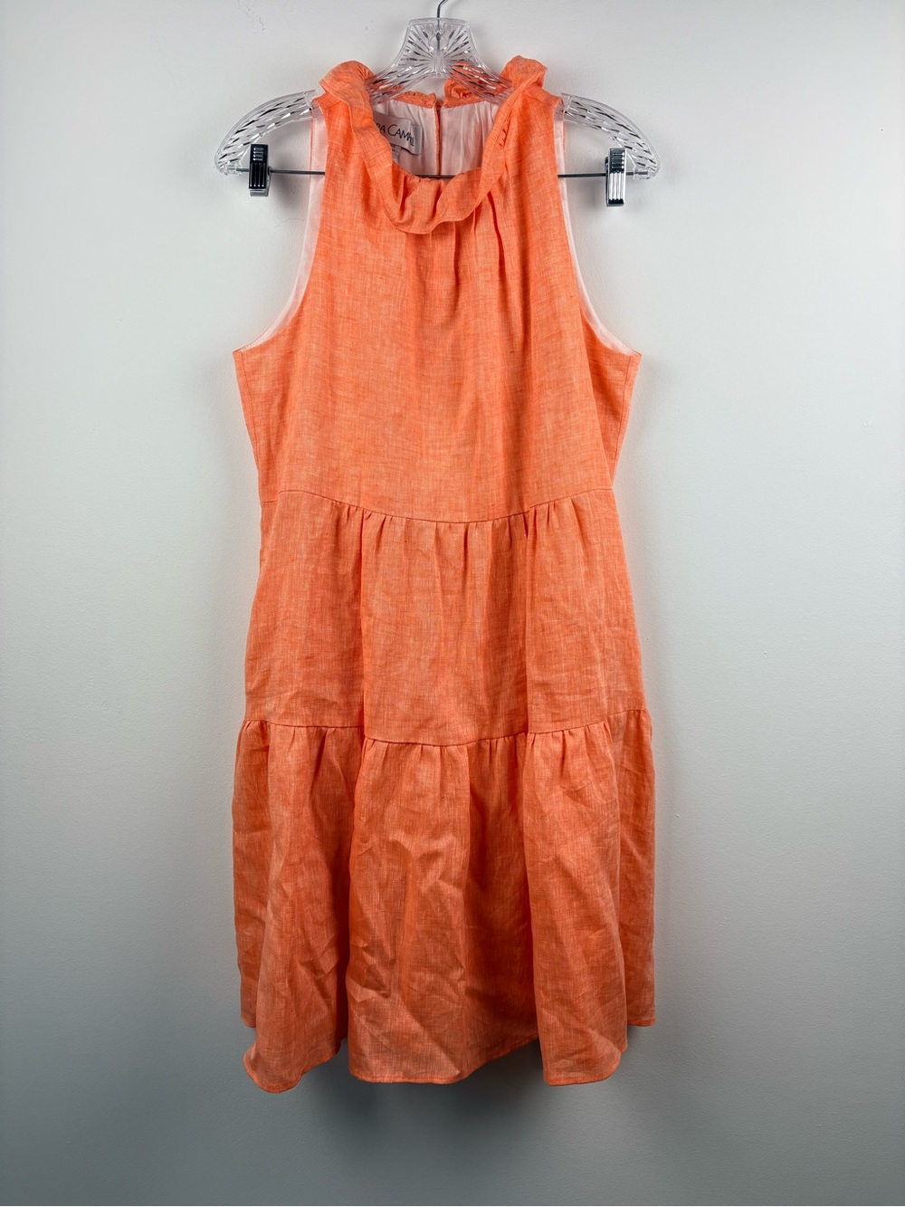 Sara Campbell Sleeveless Tiered Linen Dress W/ High Ruffle Neck Coral Orange S